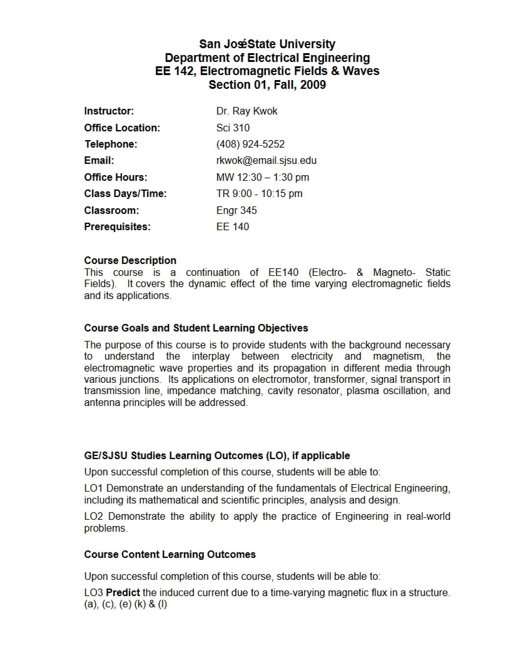 Syllabus for EE 142