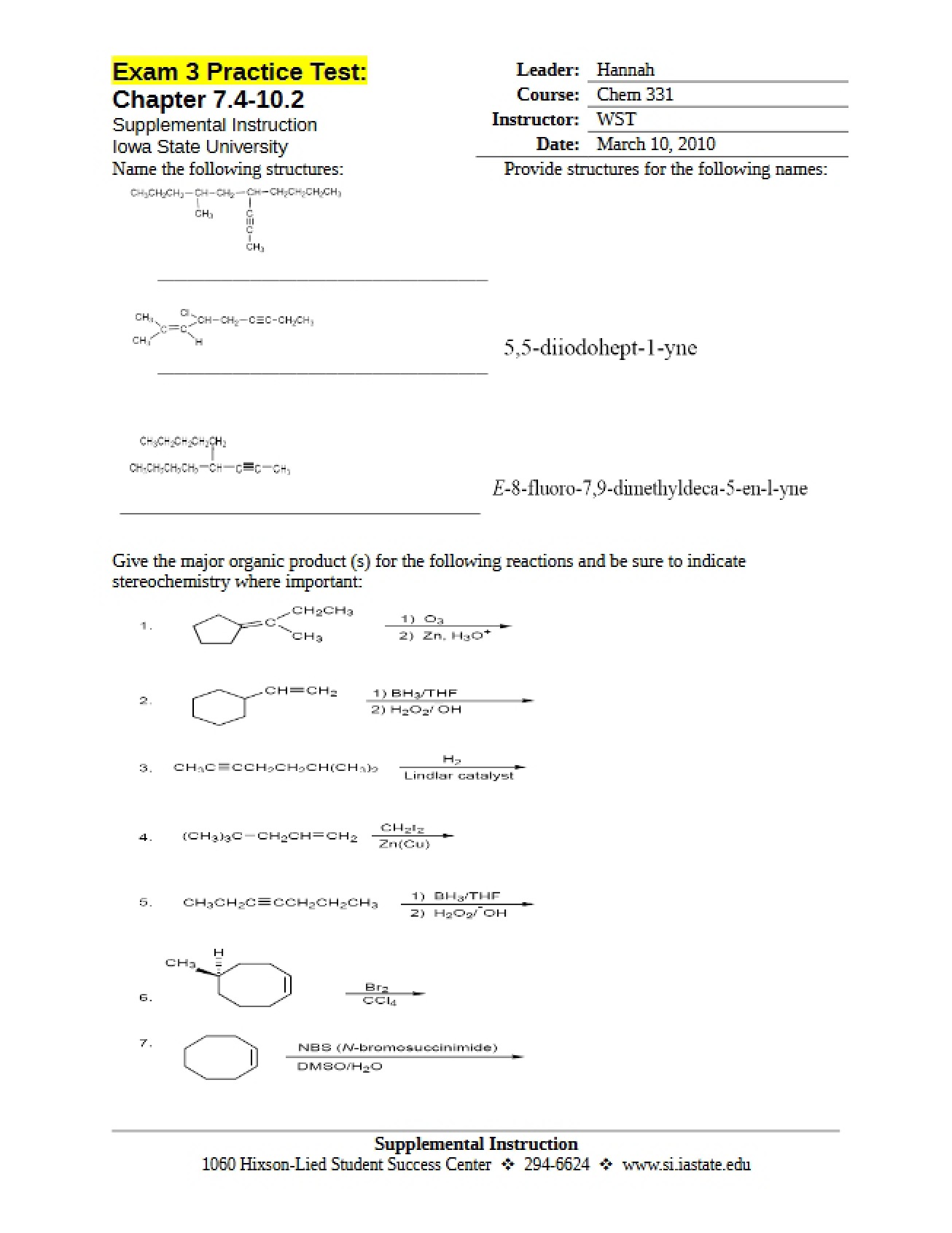 Third Examination for Organic Chemistry I