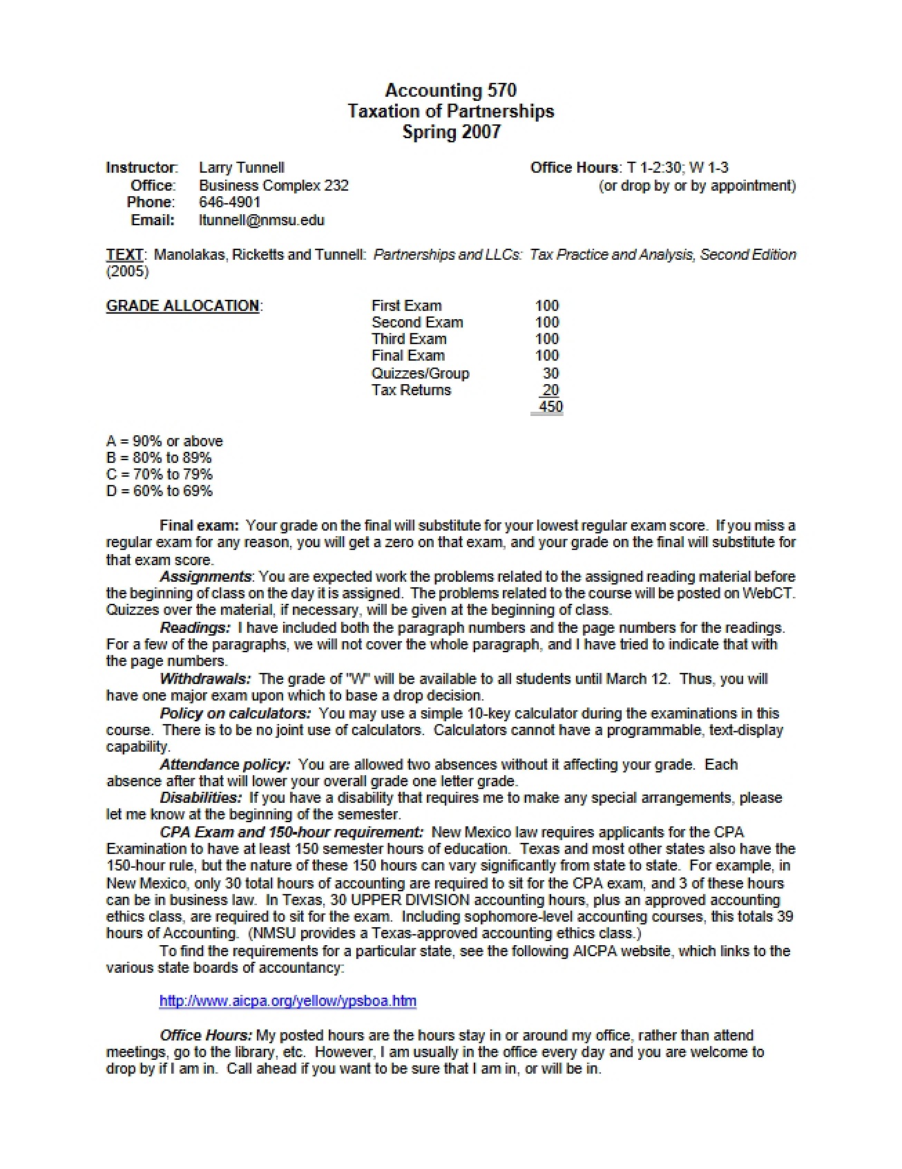 Taxation of Partnerships Syllabus from Spring 2007 by Dr. Tunnell
