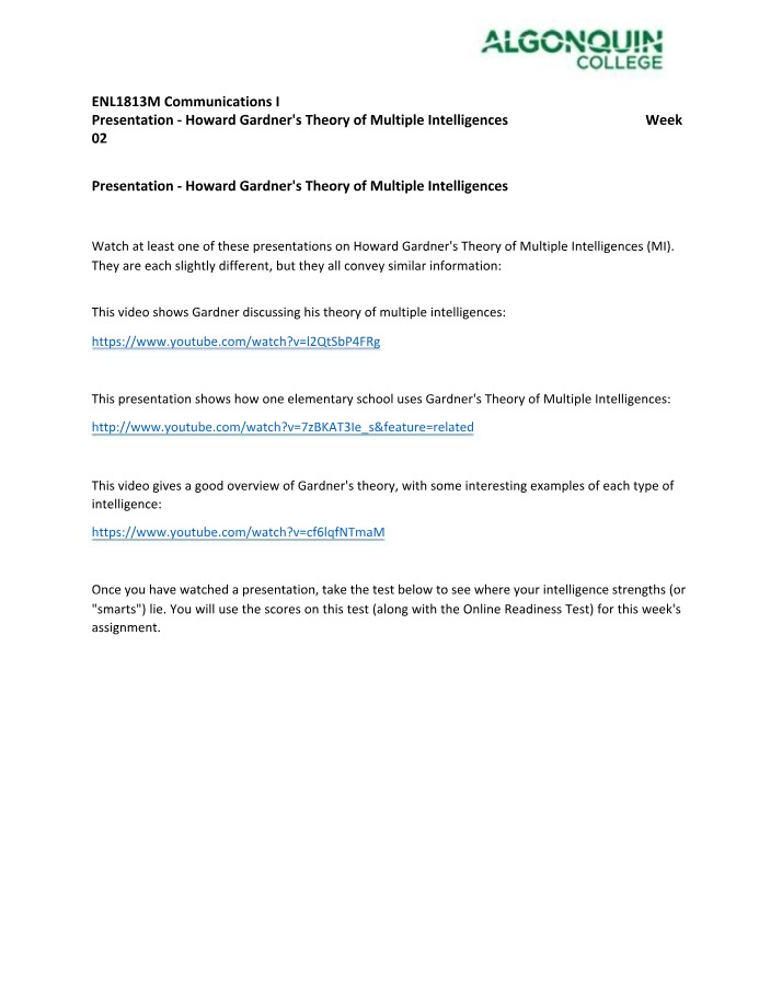 Presentation on Howard Gardner's Theory of Multiple Intelligences (Week 02)