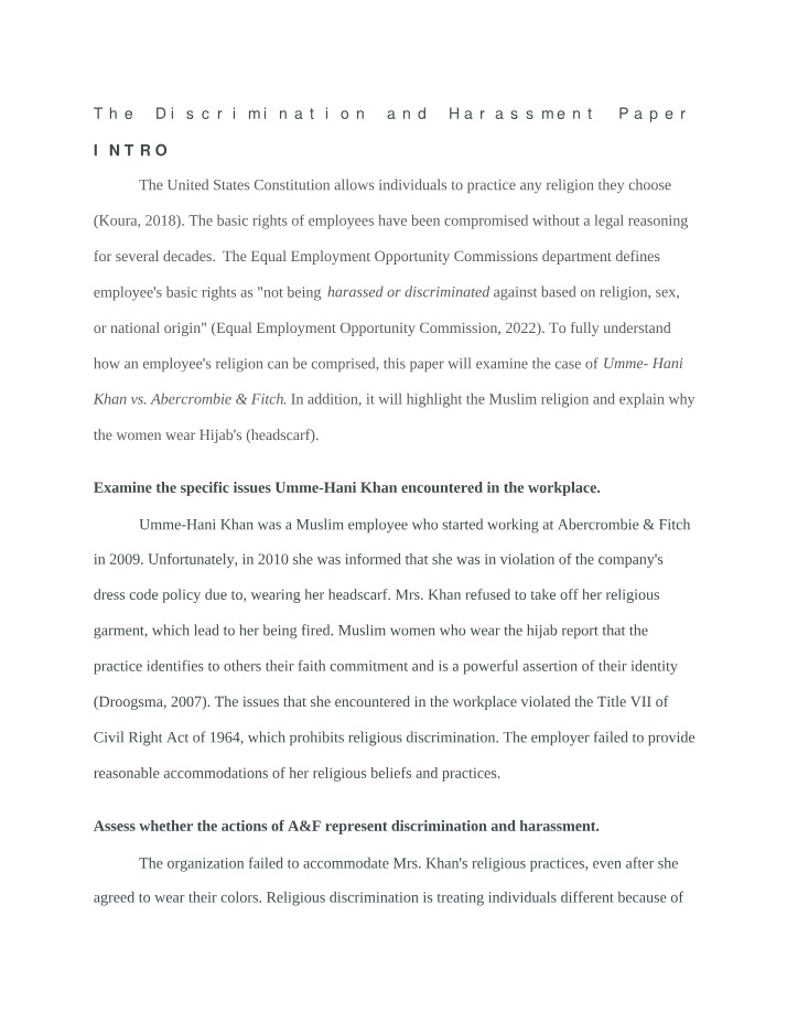 Case Study - Religious Discrimination and Harassment in the Workplace