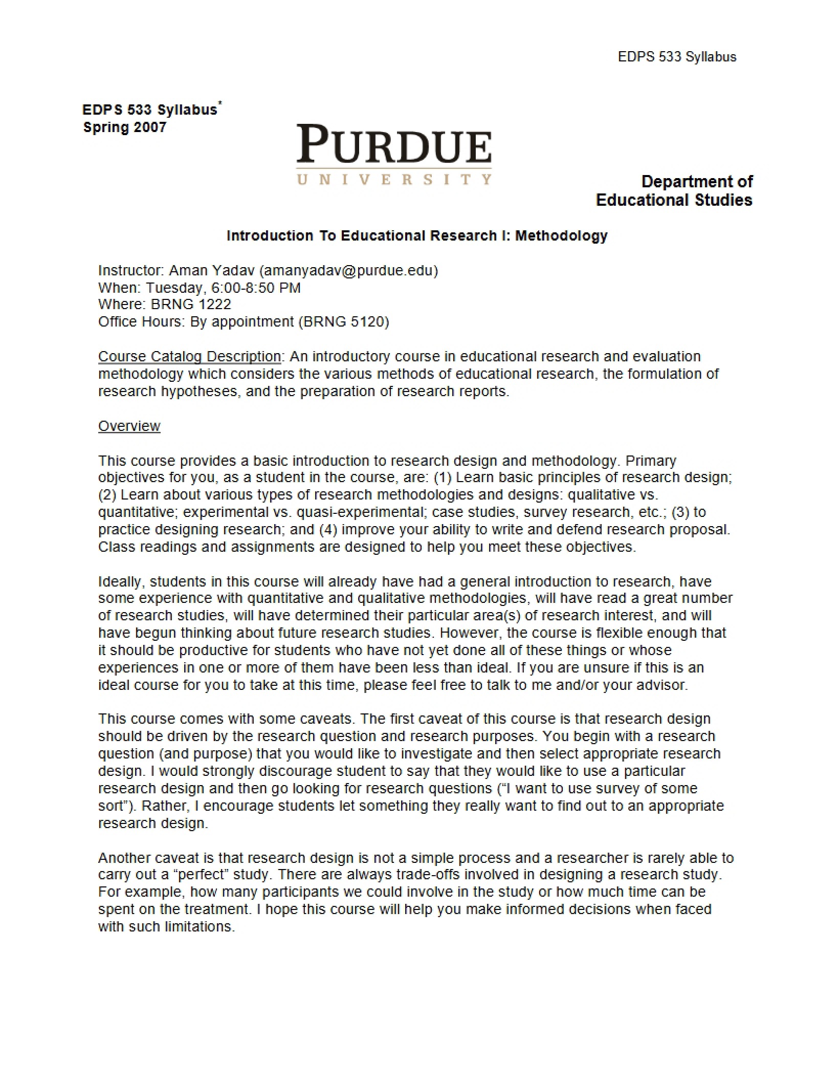 Syllabus - Introduction to Educational Research I- Methodology