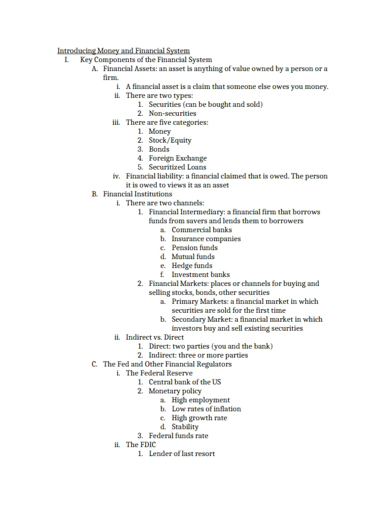 Introduction to the Financial System and Money