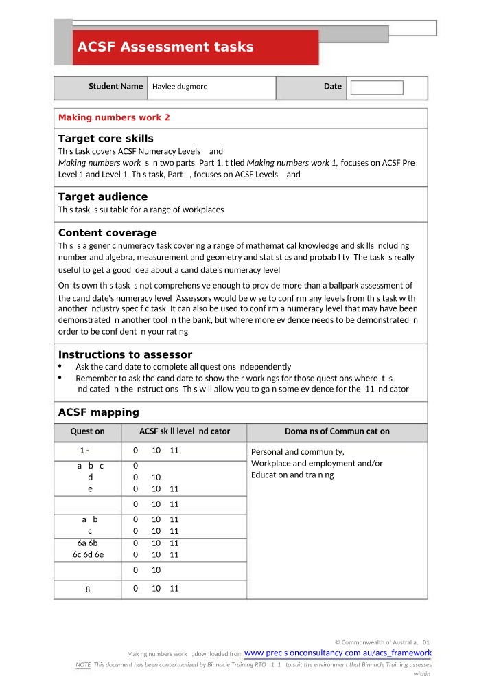 Making Numbers Work 2 - ACSF Assessment Tasks
