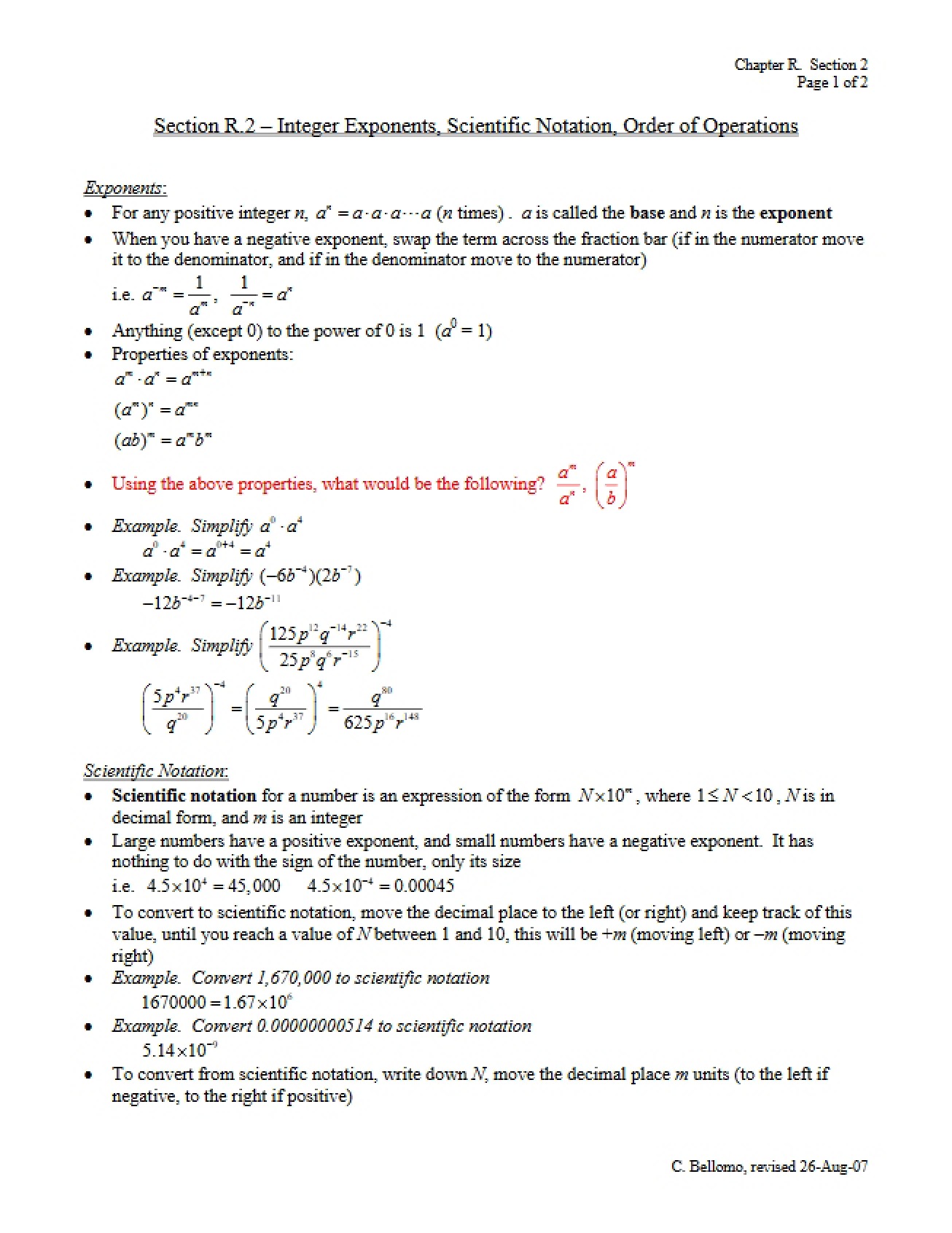 Order of Operations, Scientific Notation, and Integer Exponents (Section R.2)