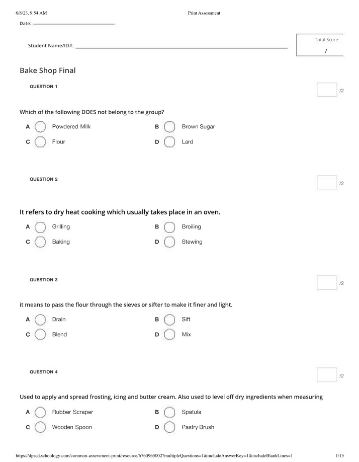 Final Exam and Answer Key - Bake Shop