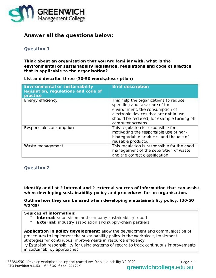 Develop Workplace Policy and Procedures for Sustainability (BSBSUS501)