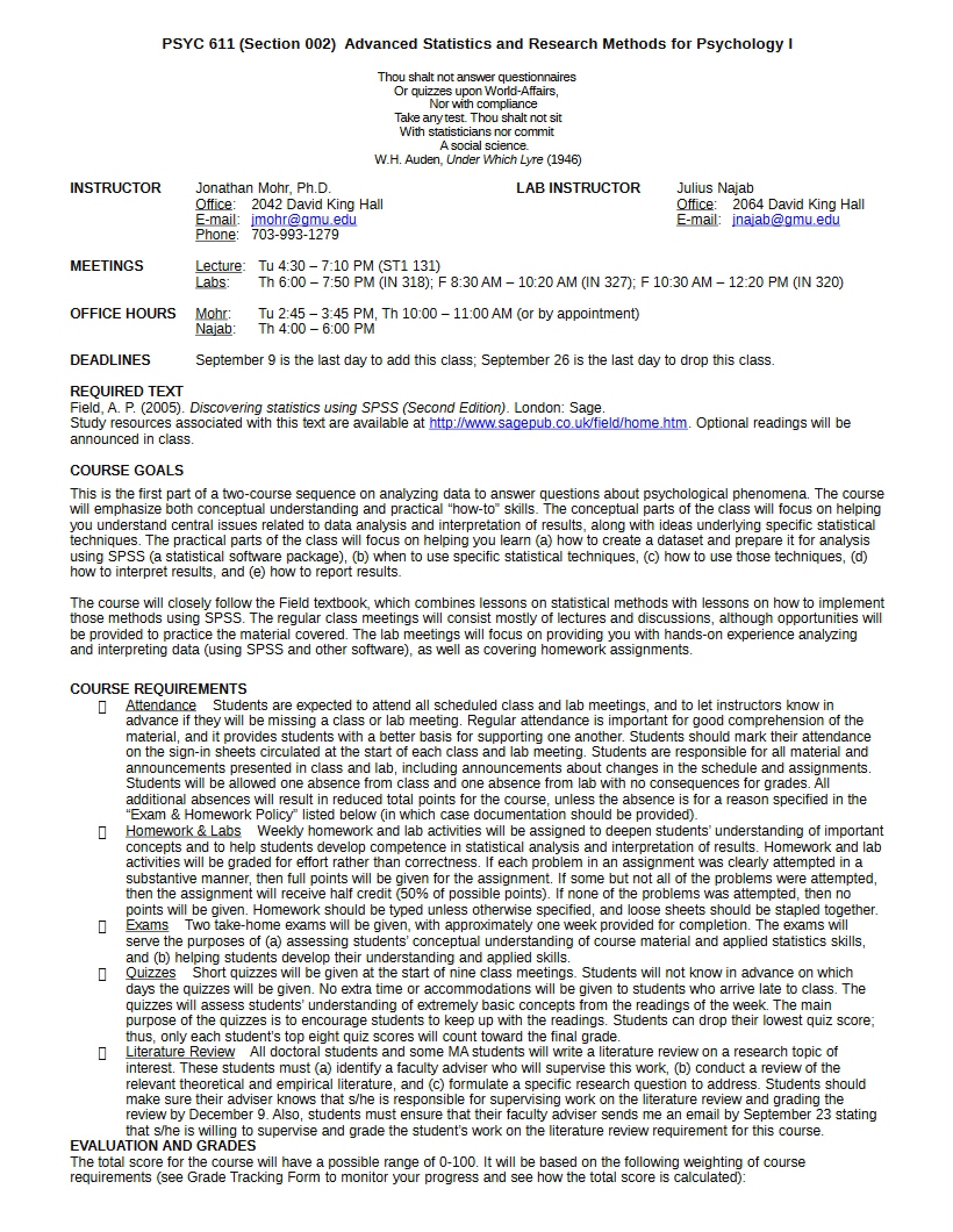 Advanced Statistics Syllabus