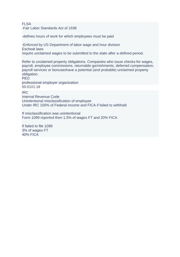 FLSA, Escheat Laws, and PEO Overview
