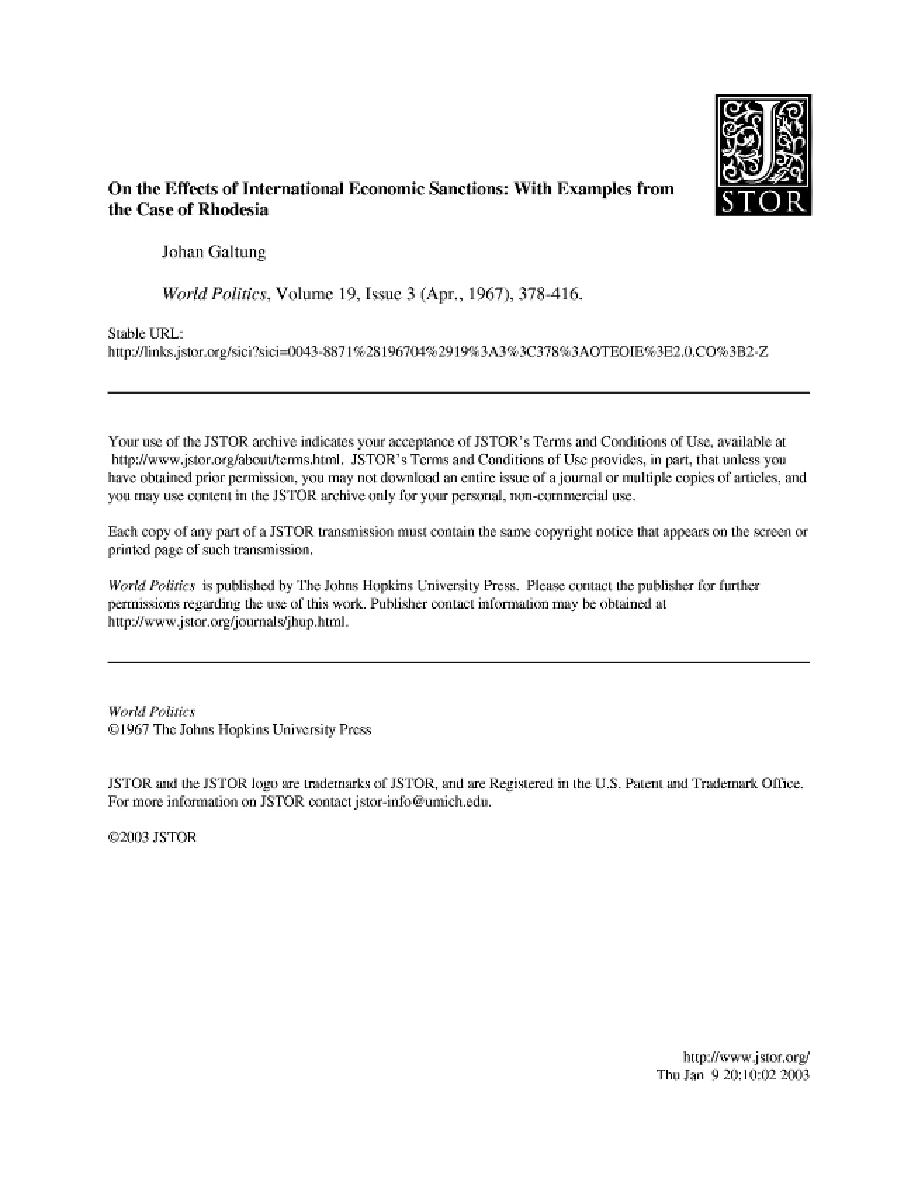 Study of International Economic Sanctions