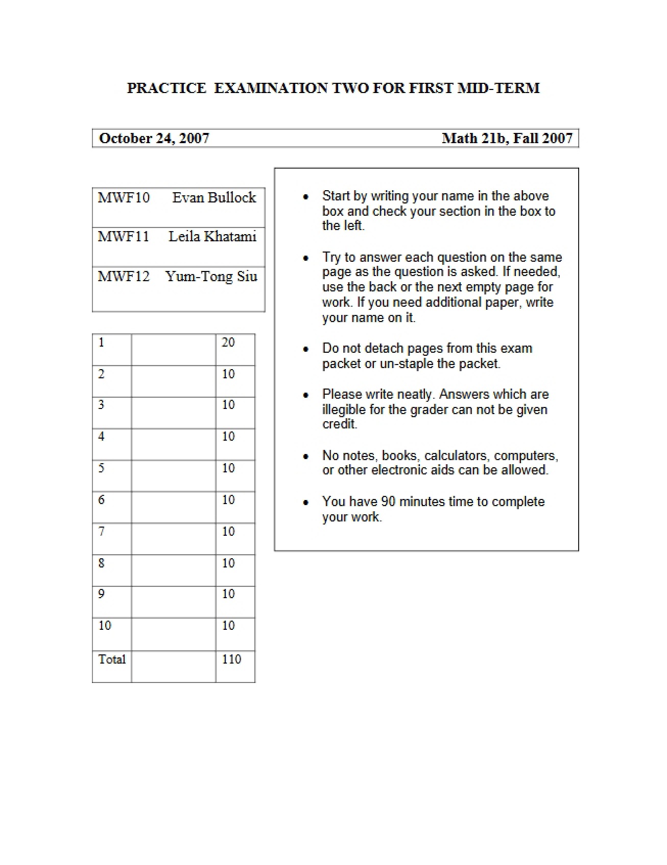 First Midterm Practice Test Two