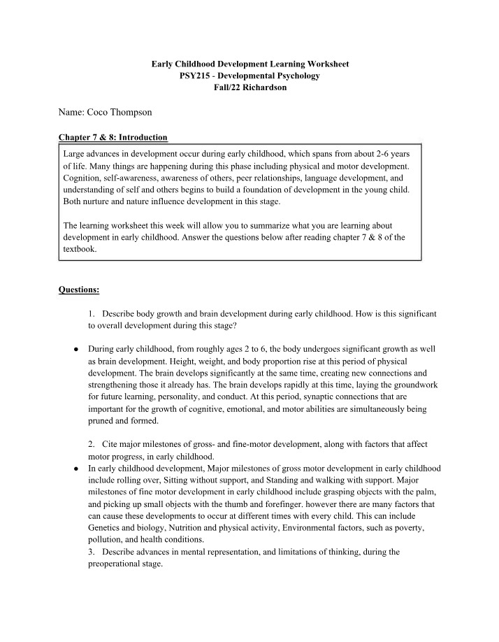Learning Worksheet for Early Childhood Development