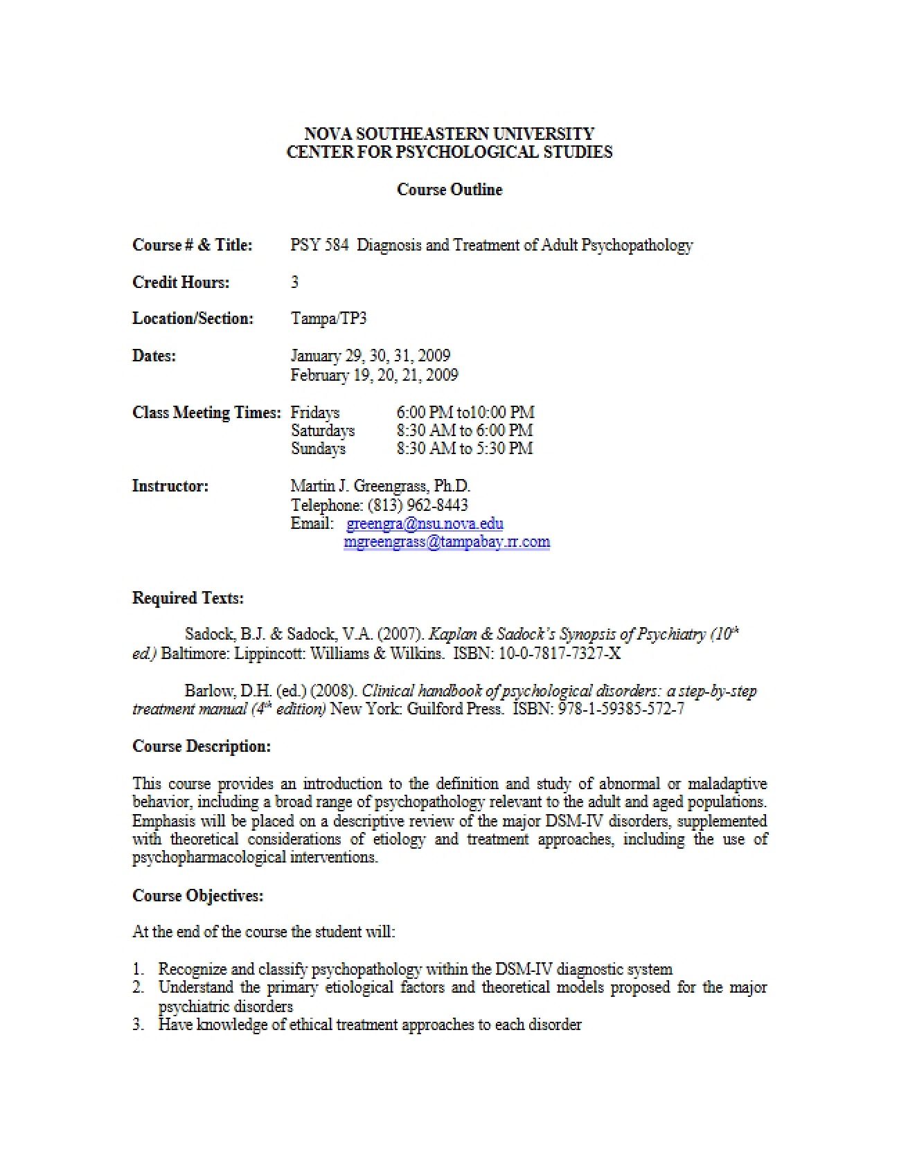 Syllabus for Adult Psychopathology Treatment