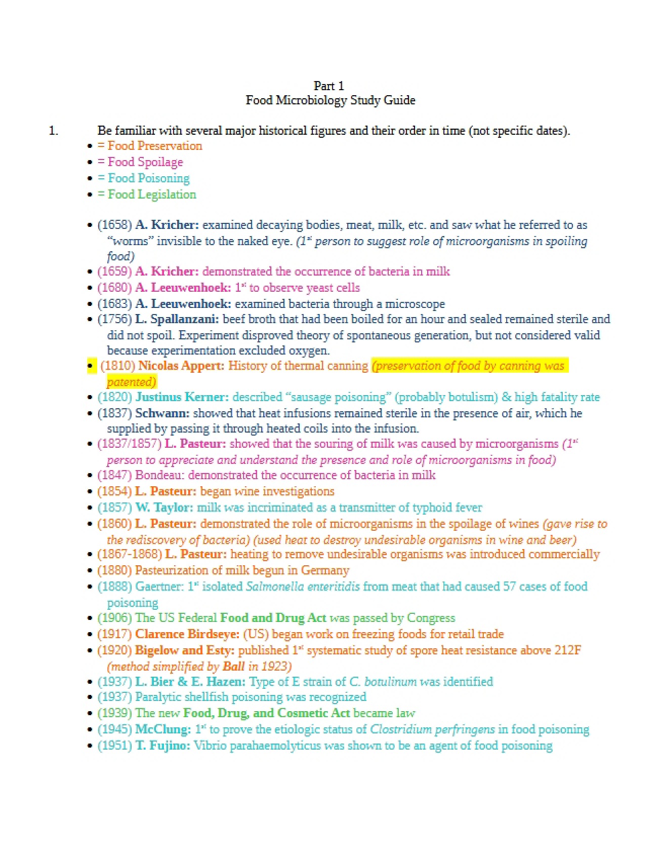 Study Guide for Exam 1 Food Microbiology