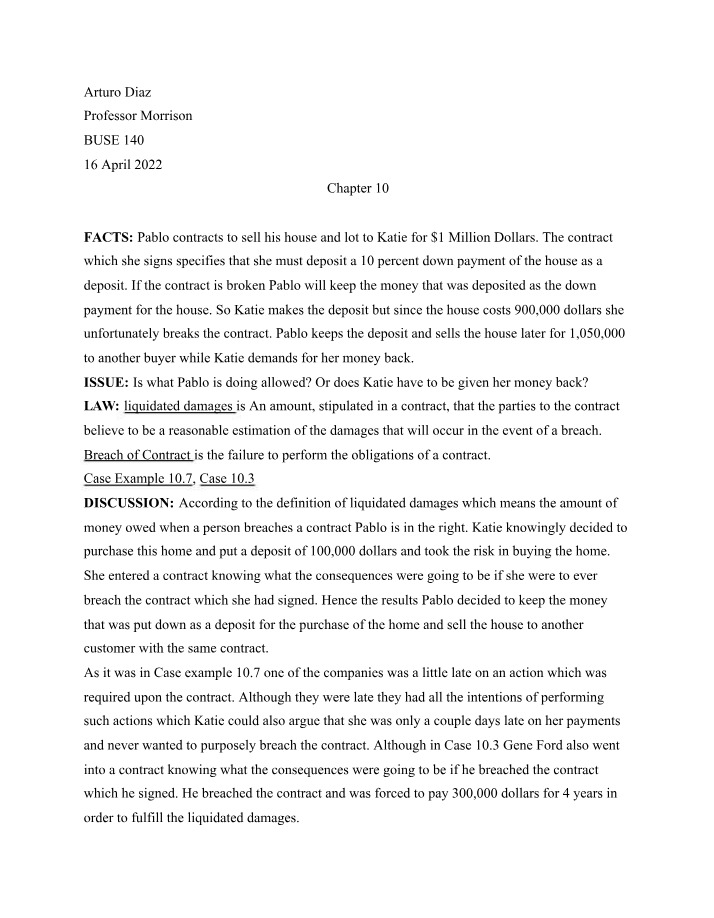 Case Study - Breach of Contract and Liquidated Damages