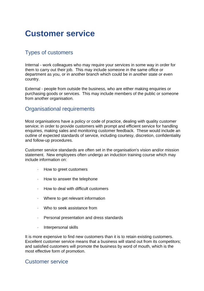 Notes on Customer Service