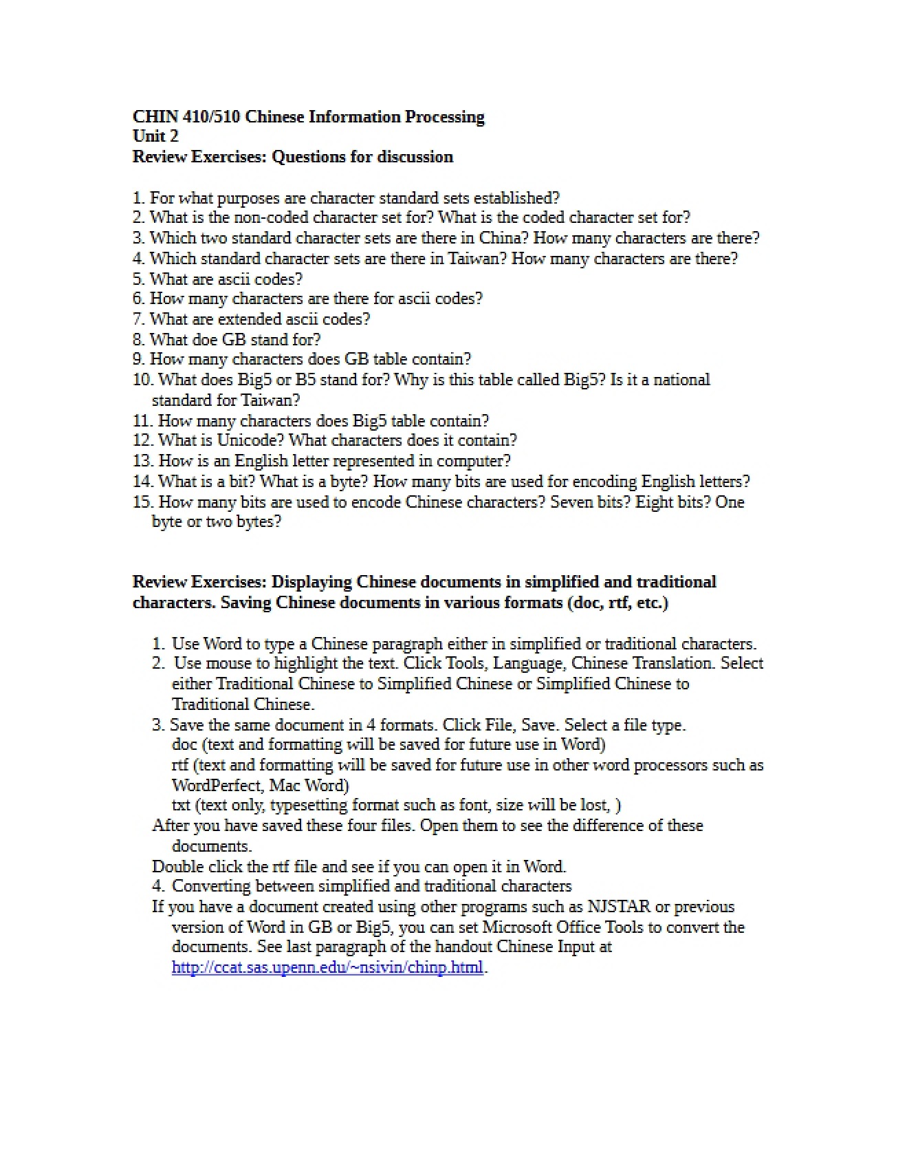 Exercise for Unit Two