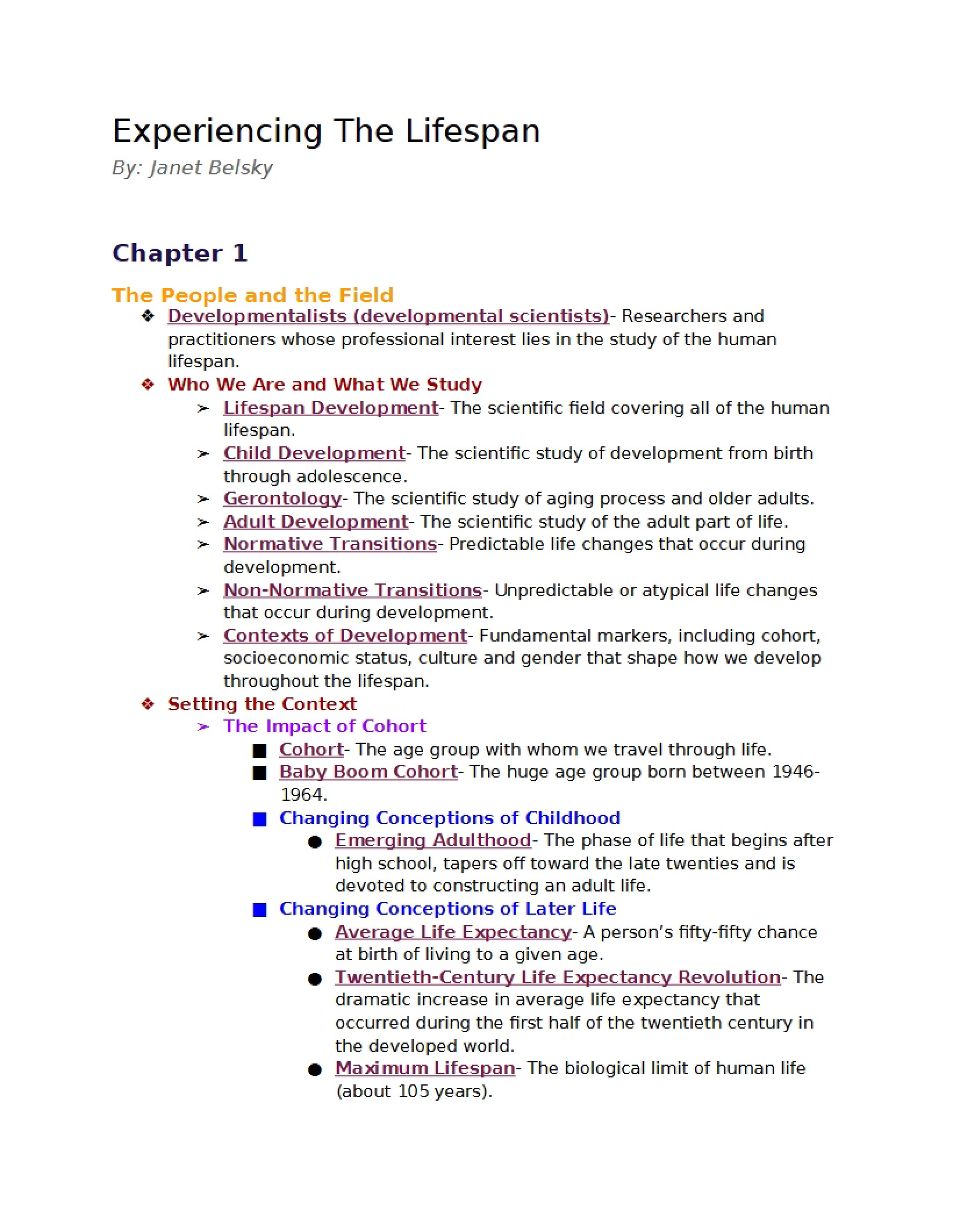 Lifespan Experiences Summary