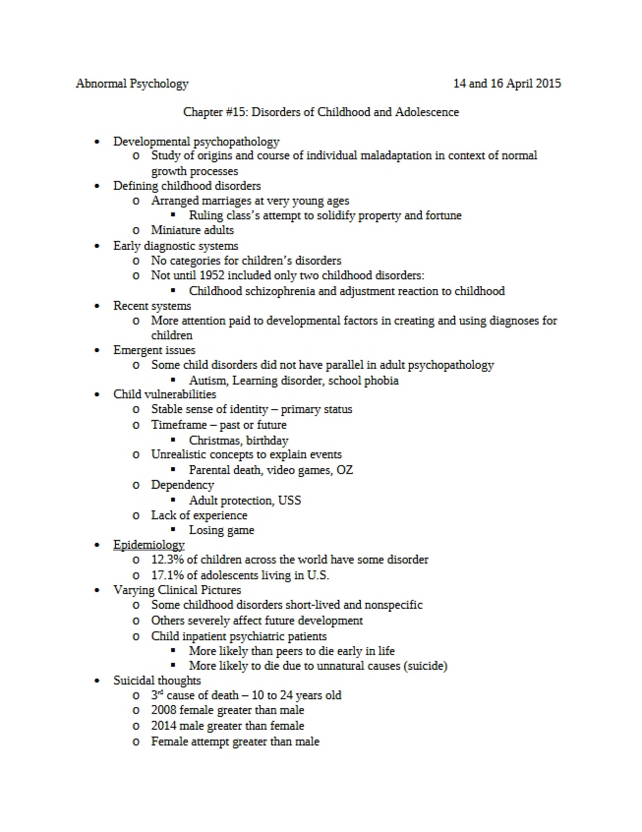 Adolescence and Childhood Disorders (Chapter 15)