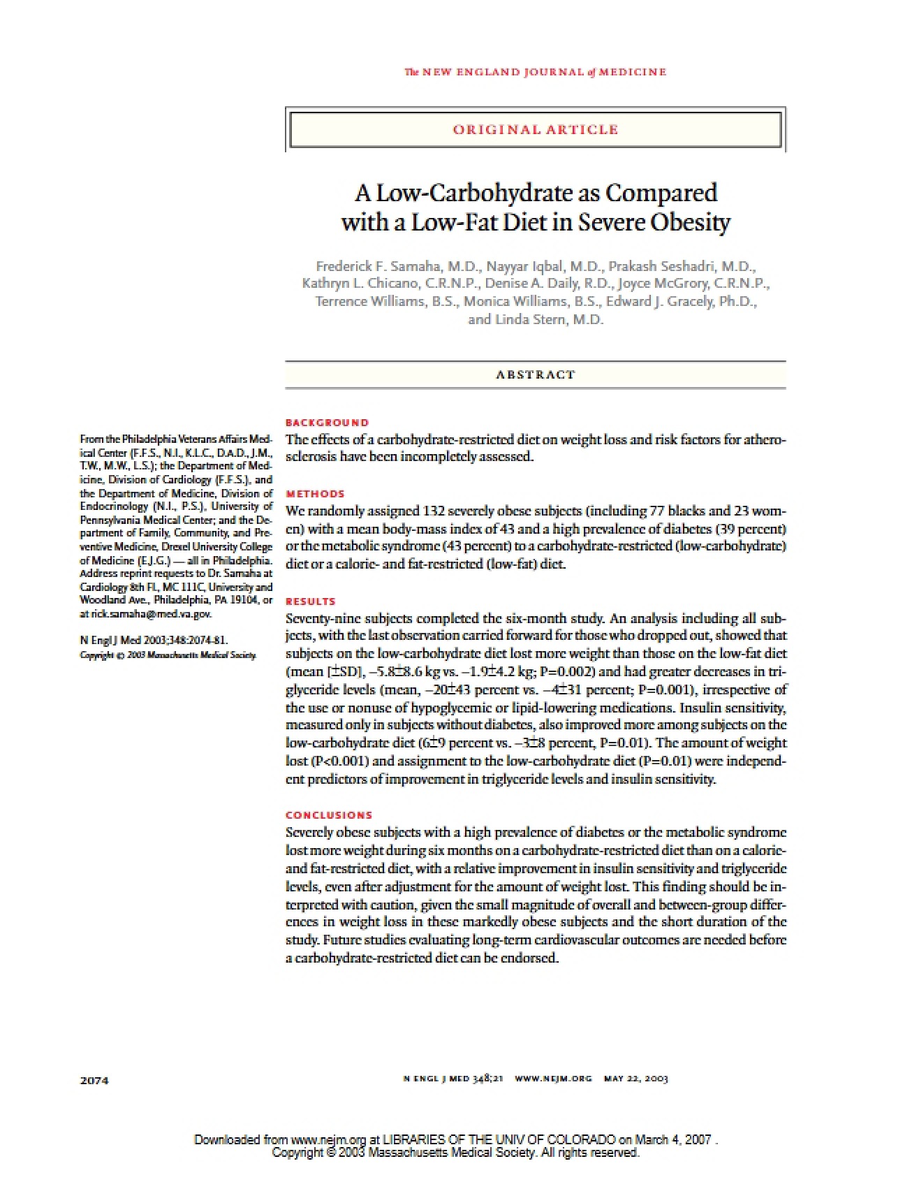 Low-Carbohydrate vs. Low-Fat Diet Comparison