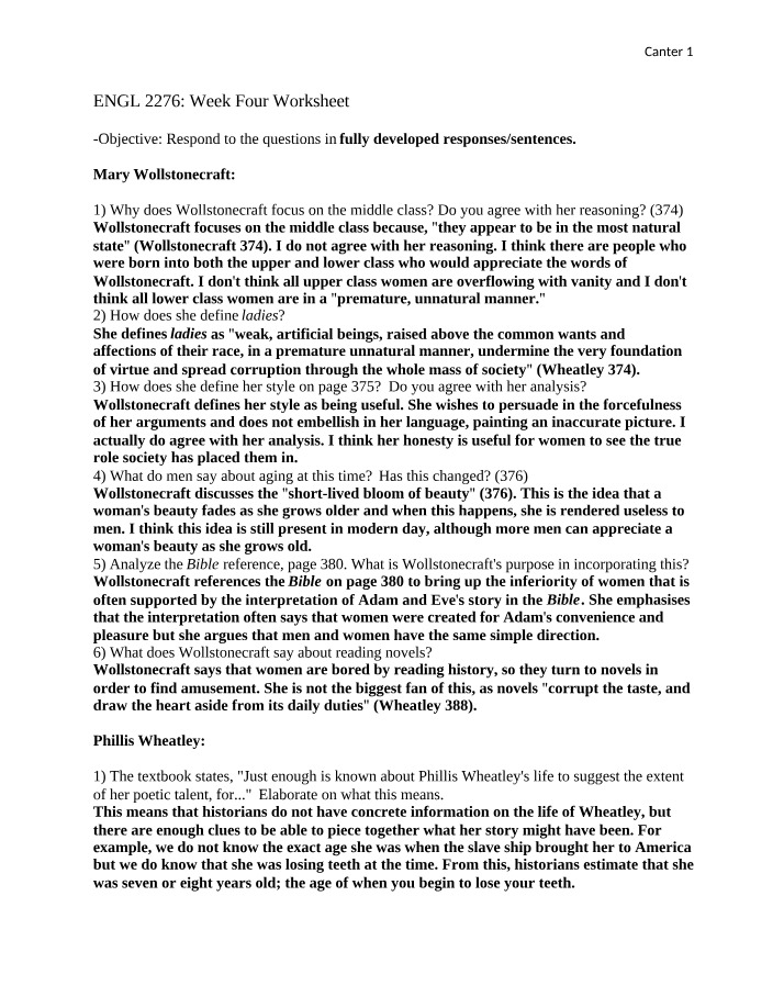 Week Four Worksheet - ENGL 2276