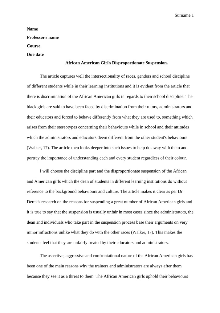 Examining the Disproportionate Suspension of African American Girls