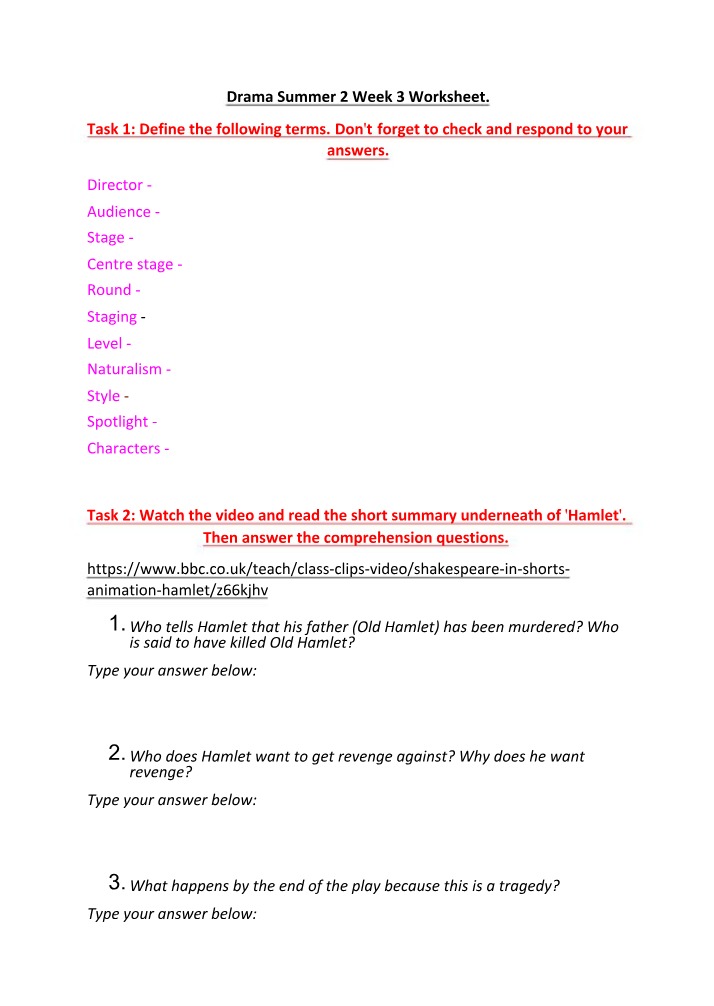 Worksheet - Drama Summer 2, Week 3