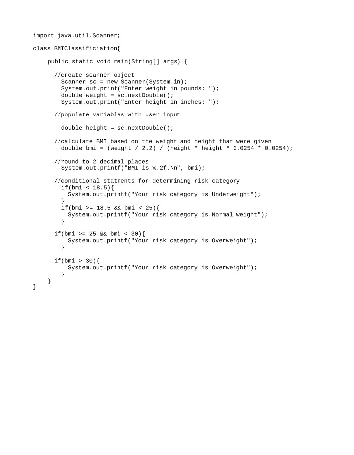 Java Program for BMI Calculation and Risk Category