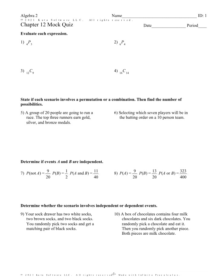 Algebra 2 Mock Quiz - Chapter 12