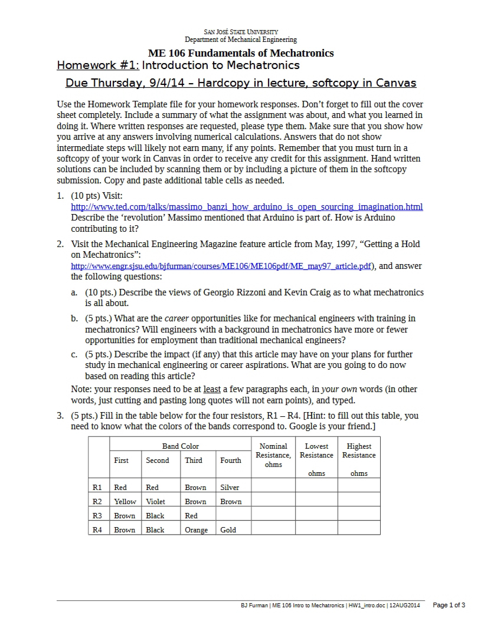 Mechatronics Engineering Assignment 1