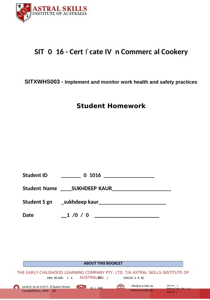 Implementing Work Health and Safety Practices - Homework