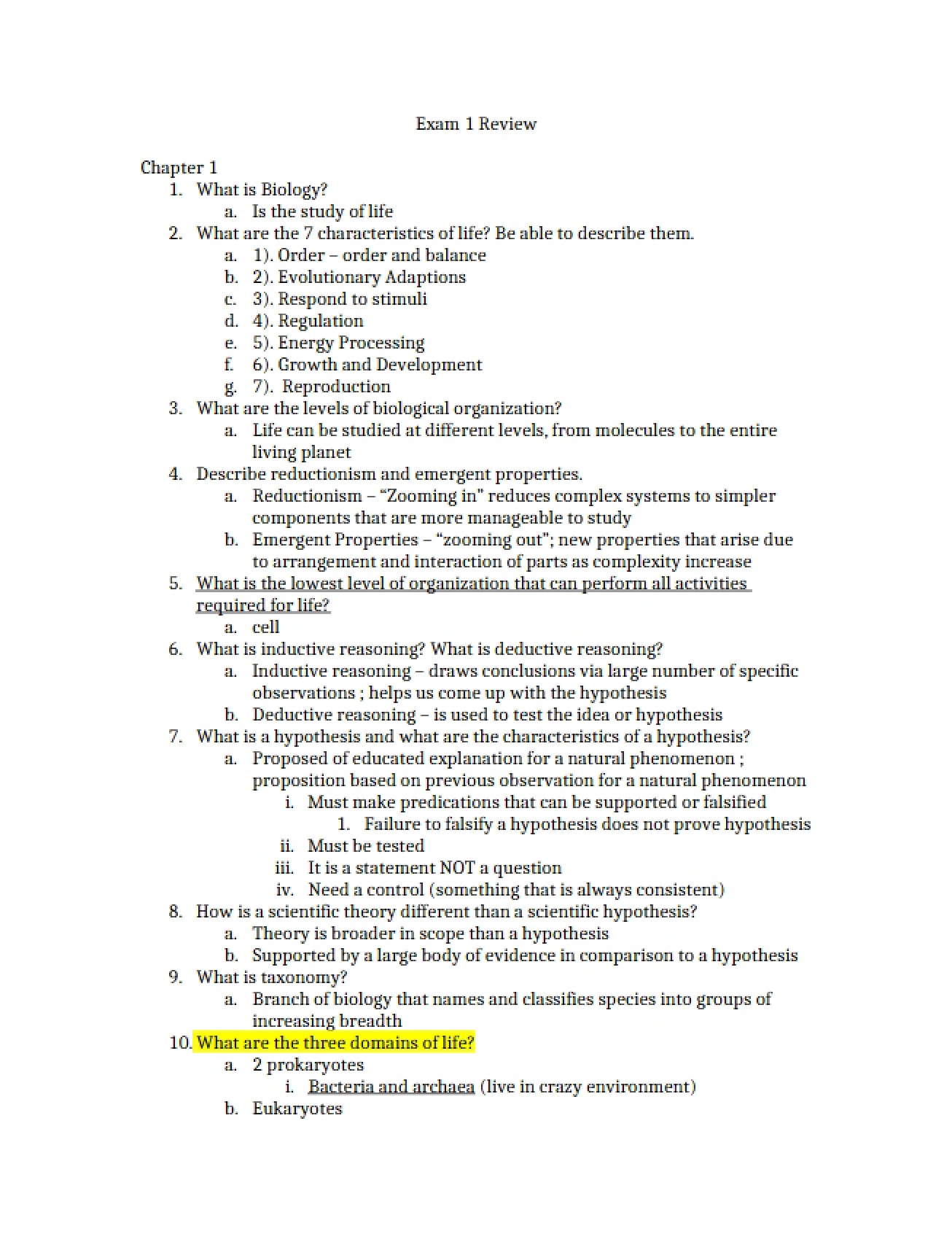 Review Materials for the First Biology Exam