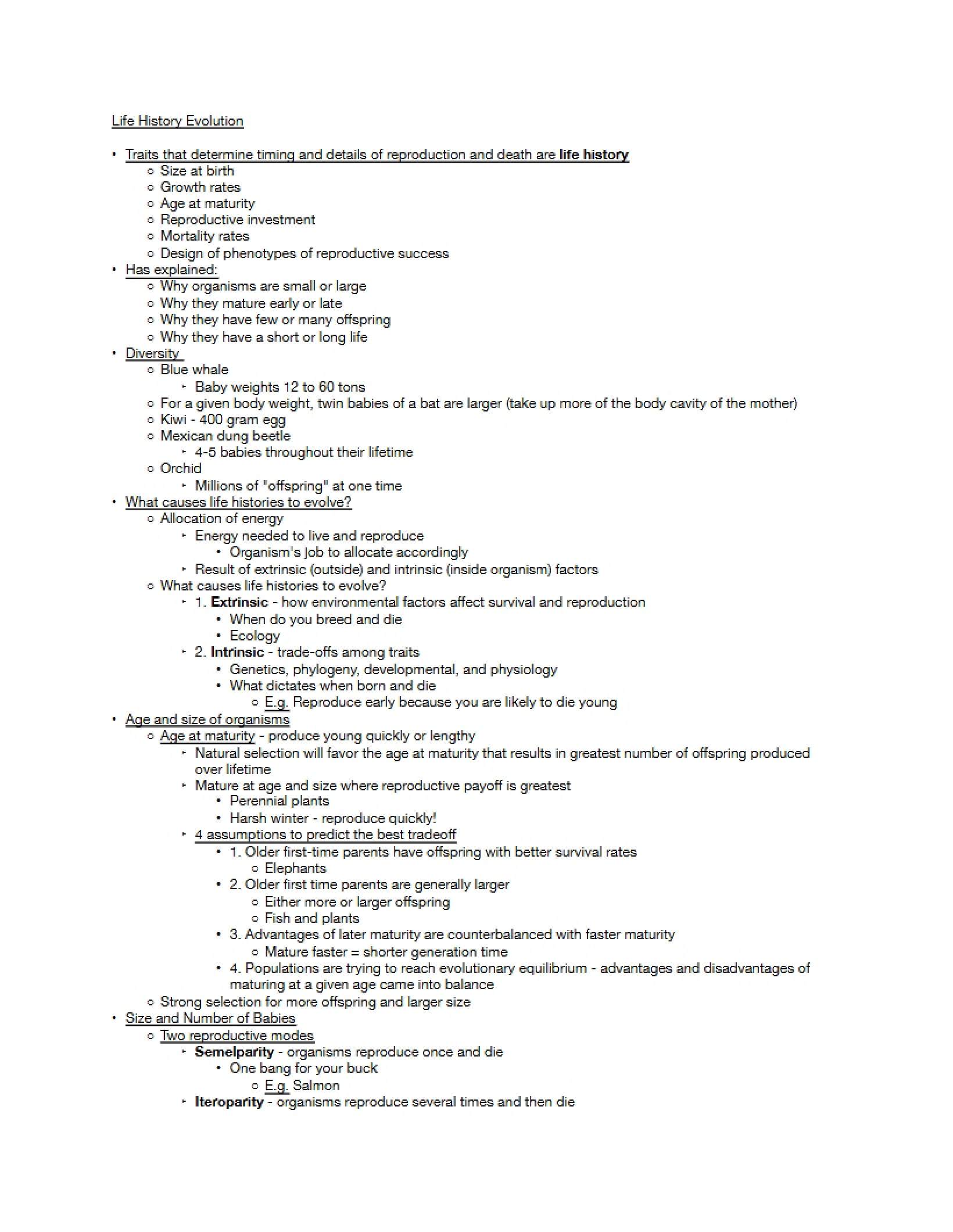 Life History Evolution Notes