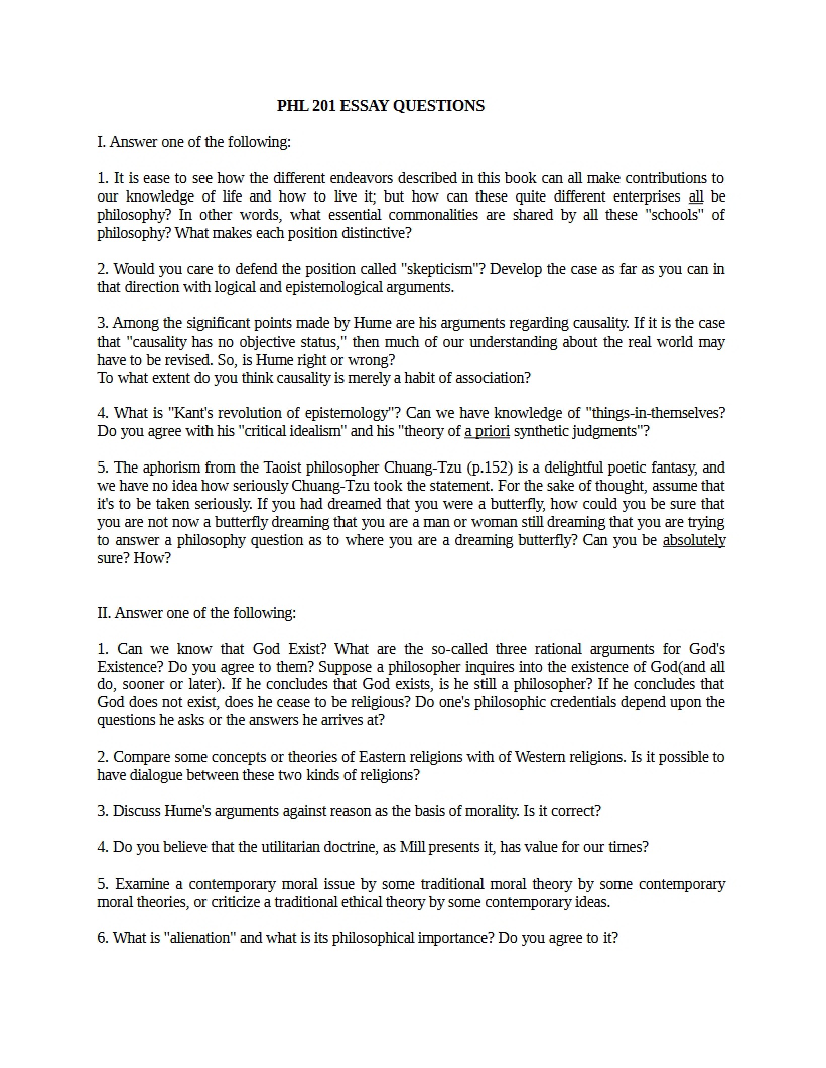 Questions for Philosophy Essay