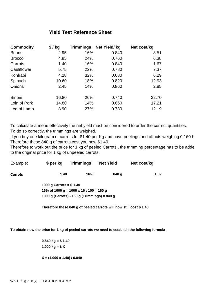 Reference Sheet for Yield Tests