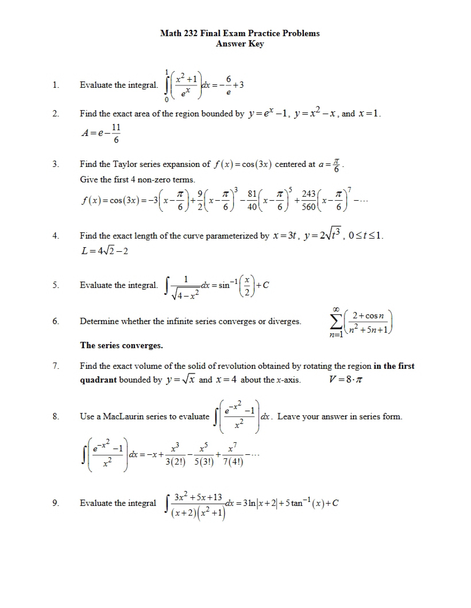 Key for Final Exam Practice Problems
