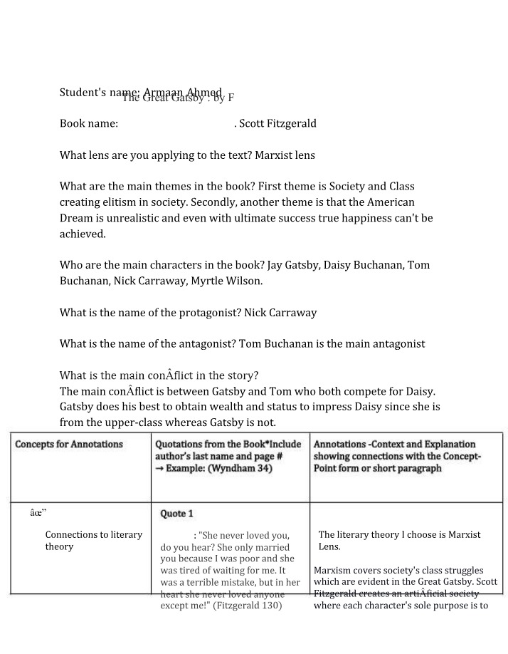 Marxist Lens Analysis of The Great Gatsby