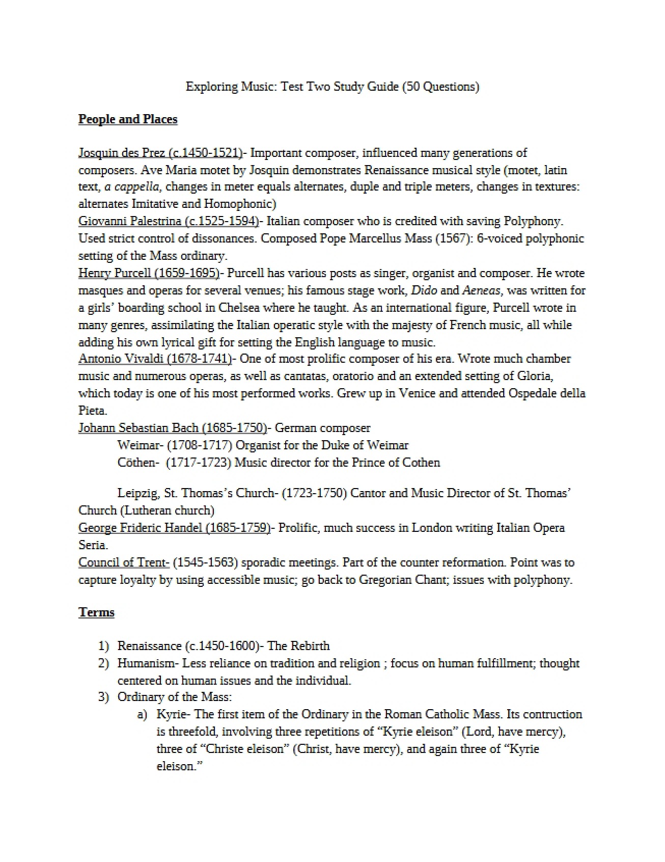 Study Guide for Exploring Music Test Two