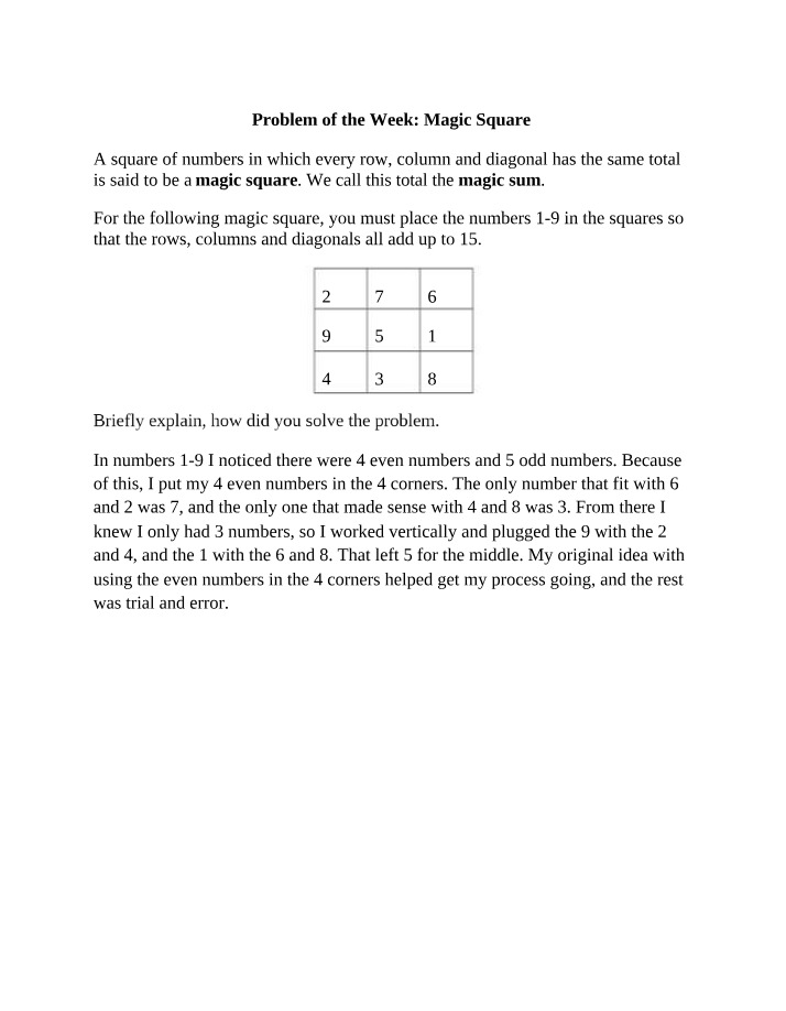 Magic Square Problem of the Week
