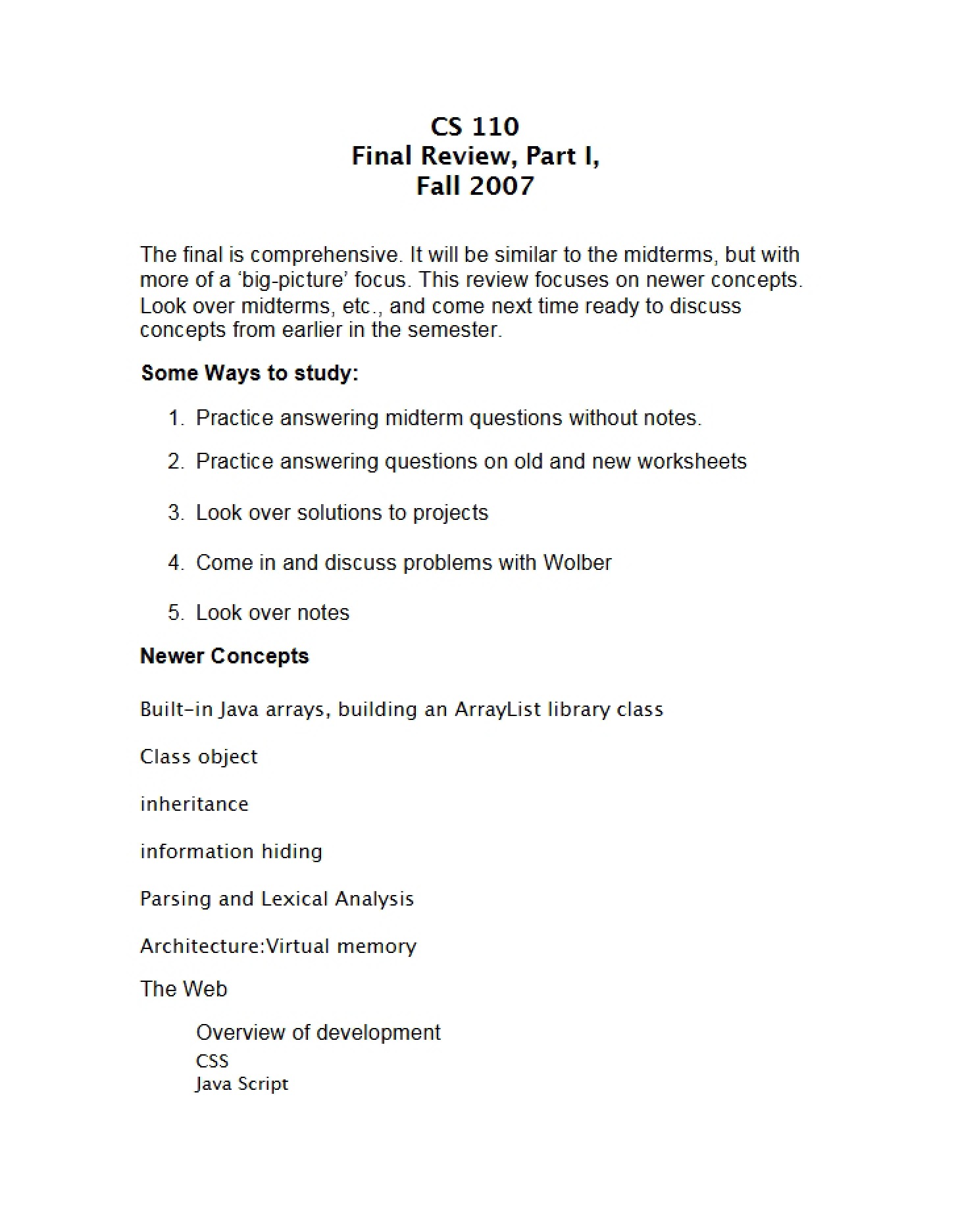 Final Review for CS 110