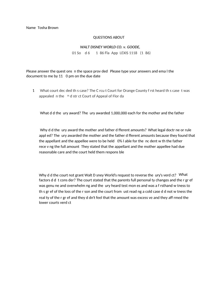 Walt Disney World Co. v. Goode - Case Study Questions and Answers