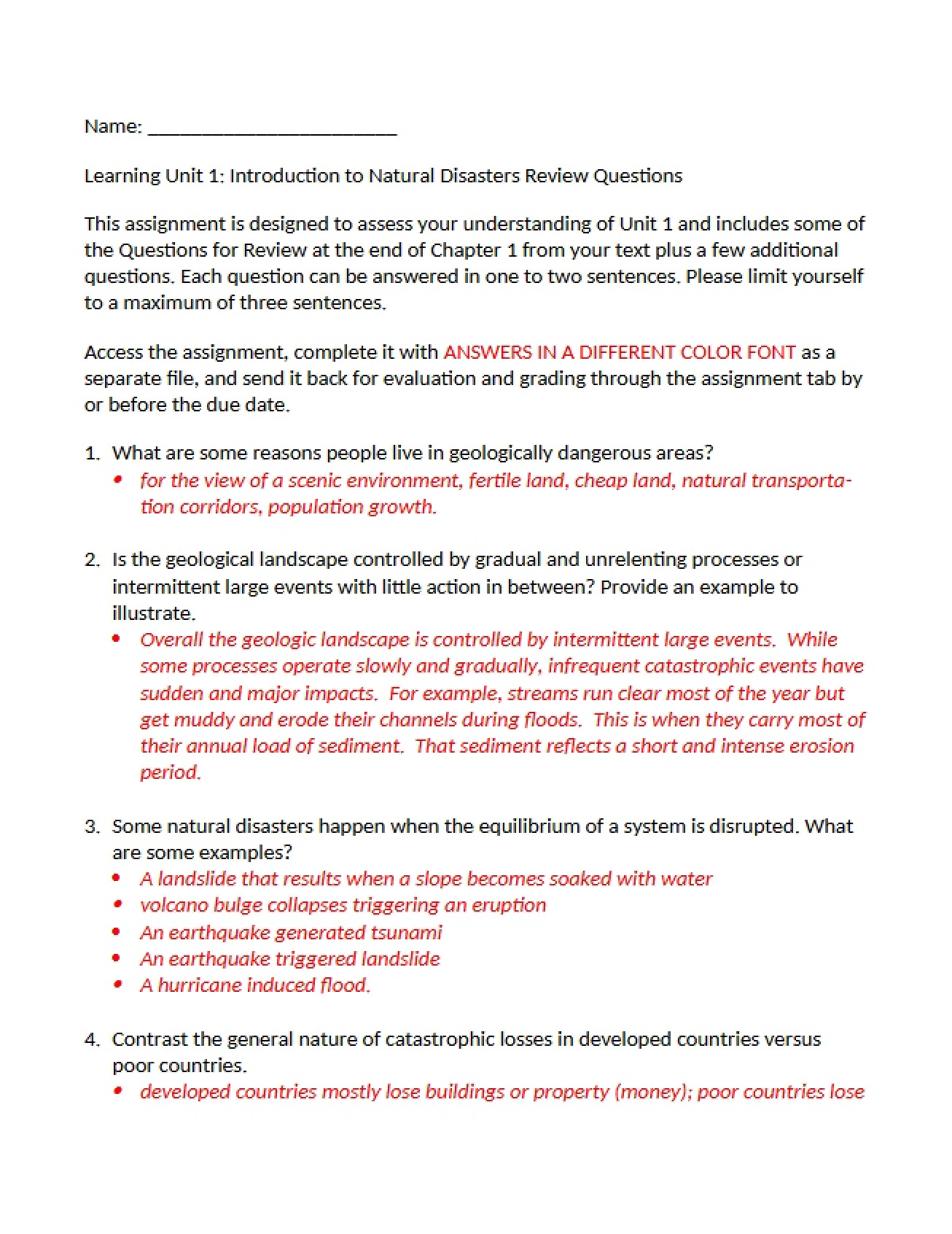 Natural Disasters Intro Answer Key