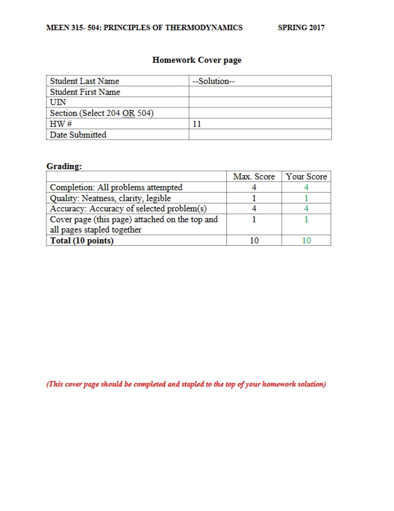 Homework Eleven Solutions for MEEN 315, Section 504