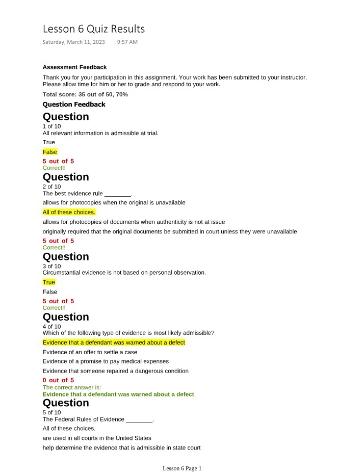 Key Concepts and Quiz Results for Evidence