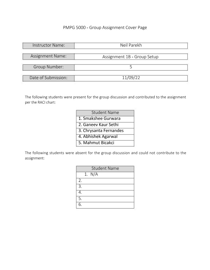 PMPG 5000 - Assignment 1B - Team Cover Page