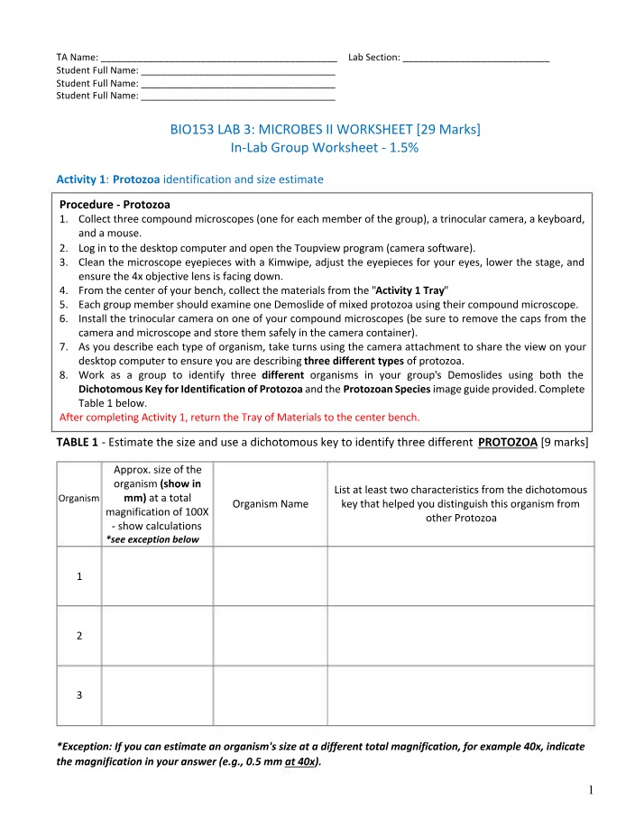 Protozoa and Algae Identification Worksheet - Microbes II