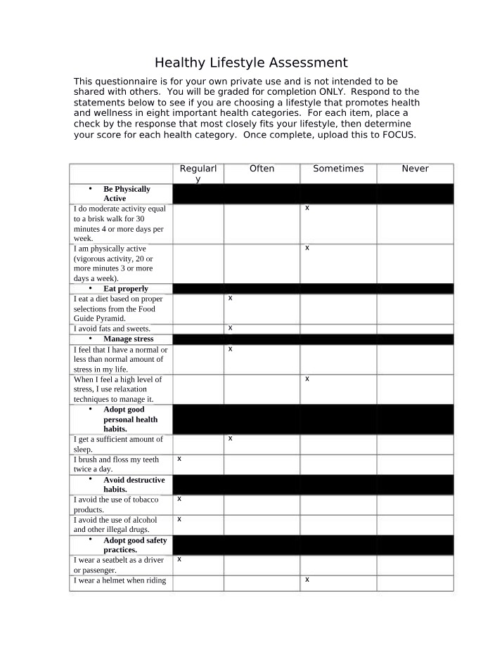 Assessment Questionnaire for a Healthy Lifestyle