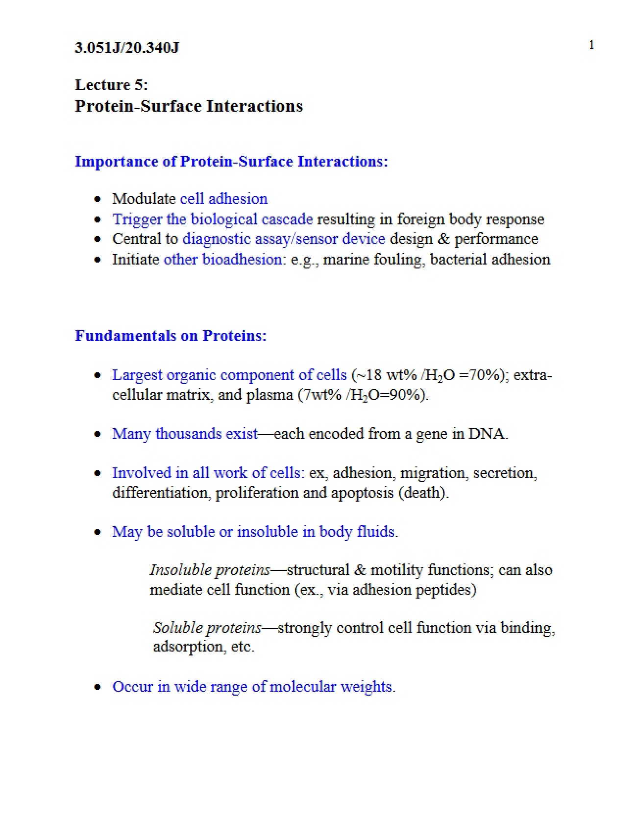 Lecture Five: Interactions between Proteins and Surfaces