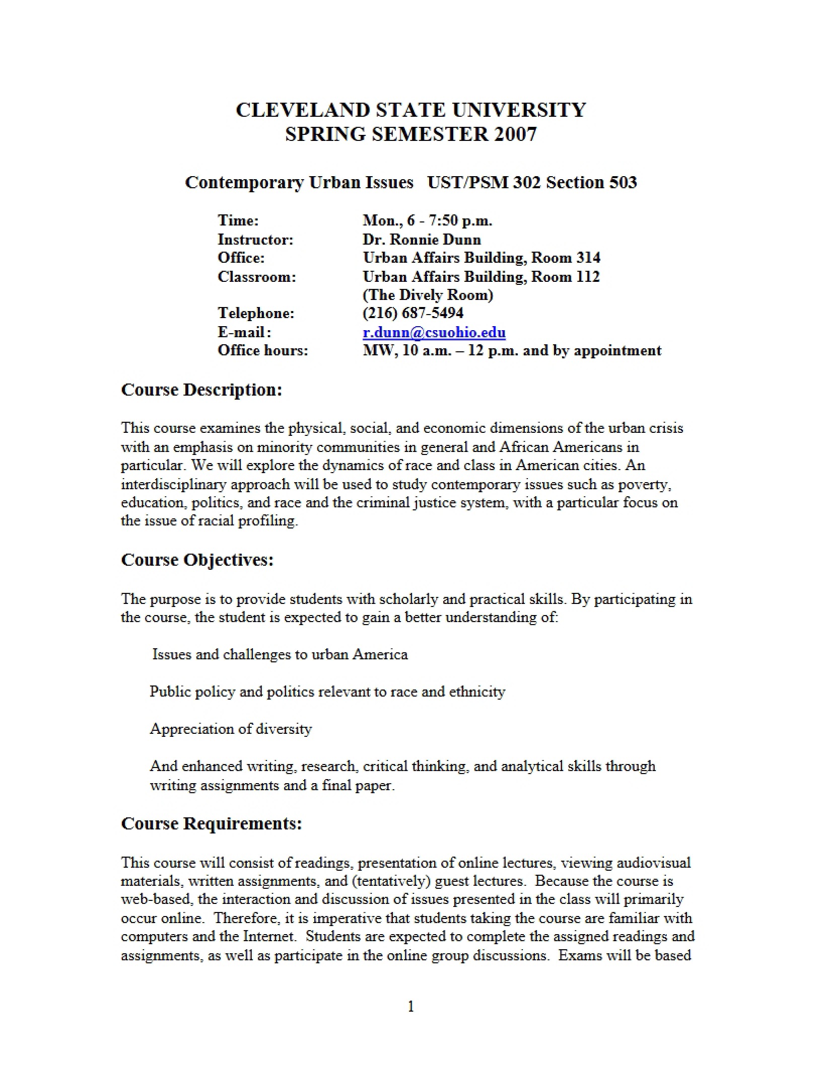 Contemporary Urban Issues Course Plan