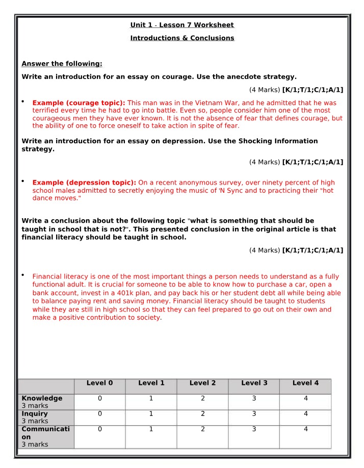 Worksheet - Unit 1, Lesson 7